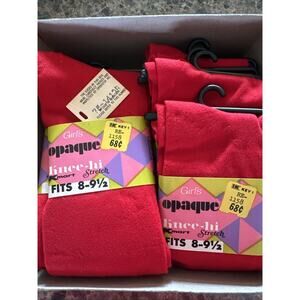NWT Vintage Girl’s Nylon Knee High Socks Red Deadstock 12 Pair In Box Red